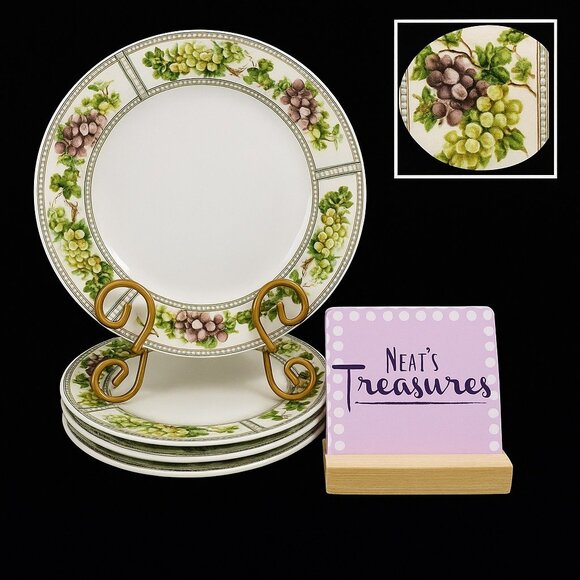Oneida TUSCAN GRAPES Cheri Blum Rim Panels Dots Stoneware Dinner Plates Set 4 - Picture 1 of 10